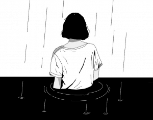 Frau steht bis zur Hüfte im Wasser während es regnet - Symbol für Trauerbewältigung